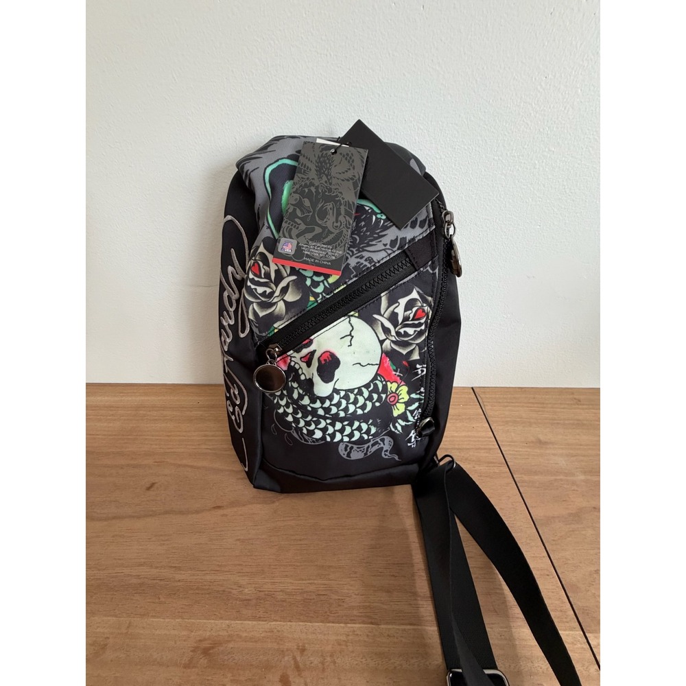 Ed Hardy Skull Rose Tattoo Print Sling Crossbody Bag Black Streetwear NWT